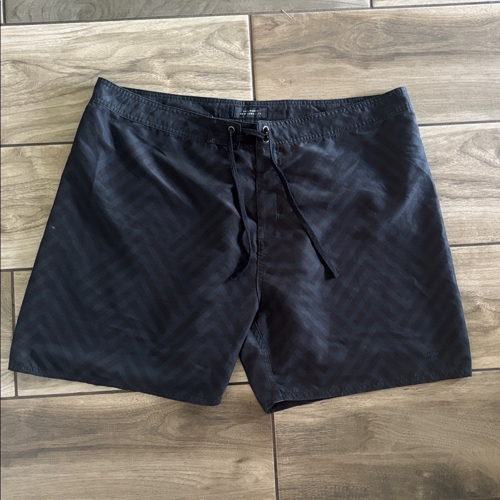 Saturdays New York City black/blue pattern board shorts with metal eyelets